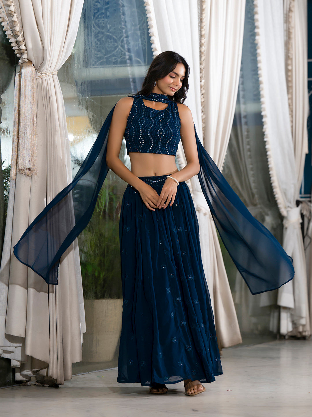 Blue Georgette Lehenga holi with Mirror Work