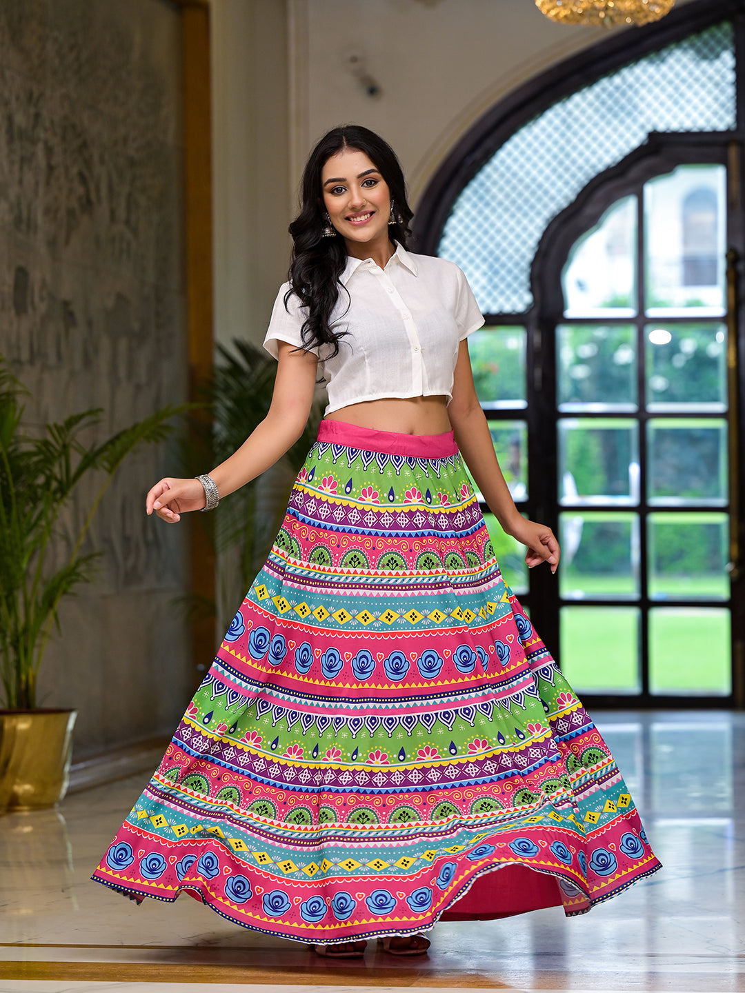 Multicolor printed skirt with White Top Co-Ord Set