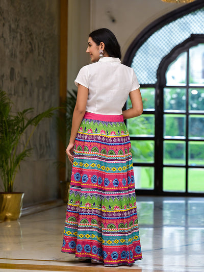 Multicolor printed skirt with White Top Co-Ord Set