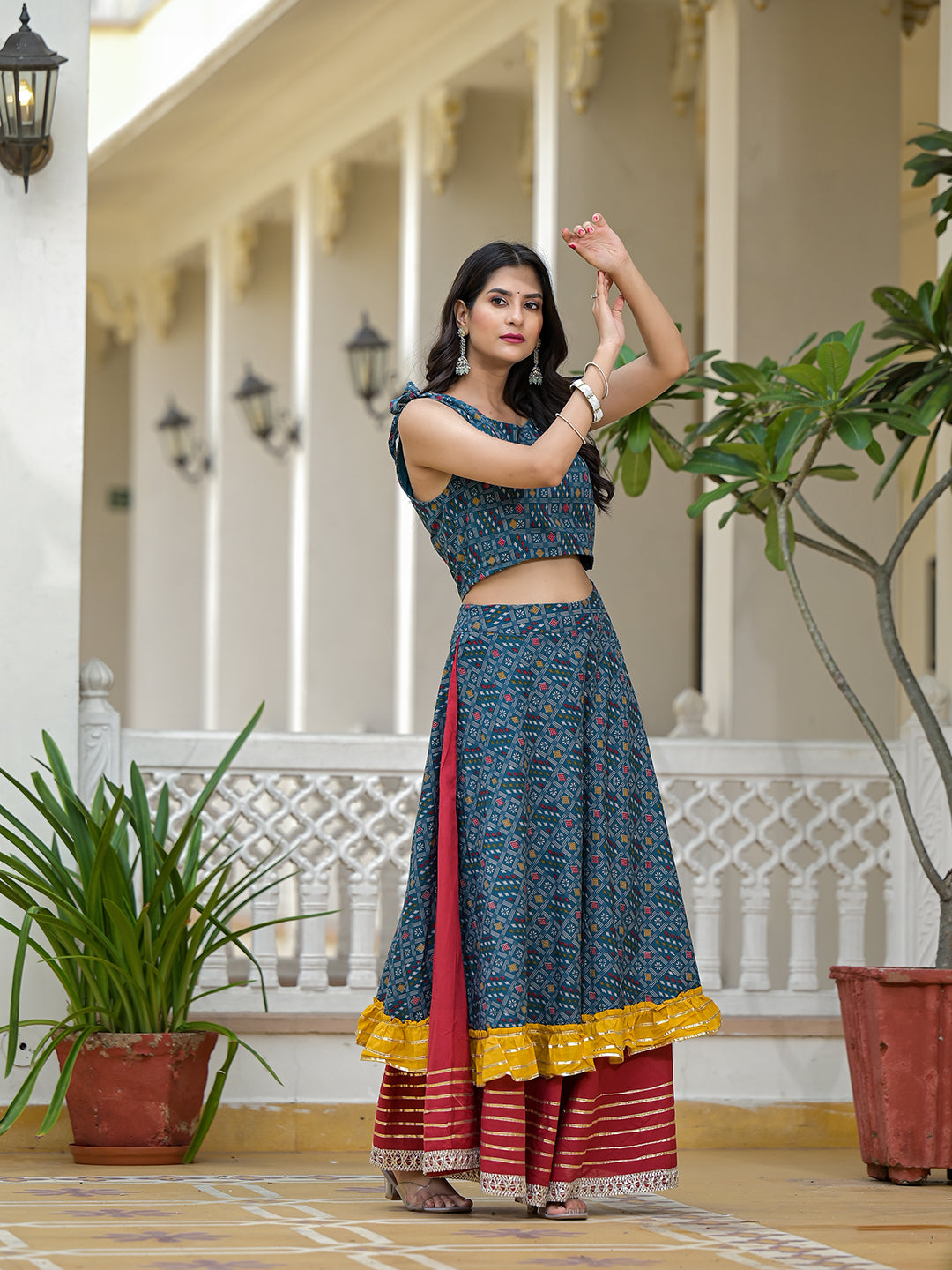 Indigo Lehenga Choli with Multicolor Ruffles