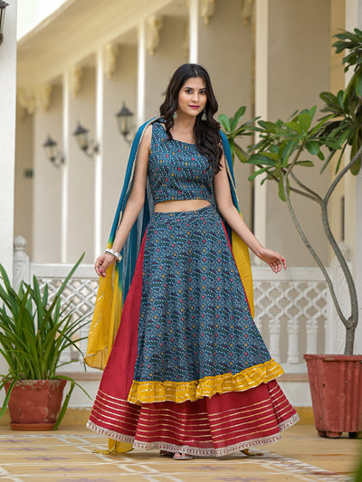 Indigo Lehenga Choli with Multicolor Ruffles