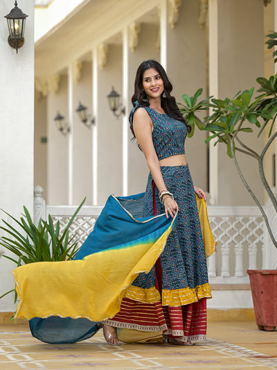 Indigo Lehenga Choli with Multicolor Ruffles