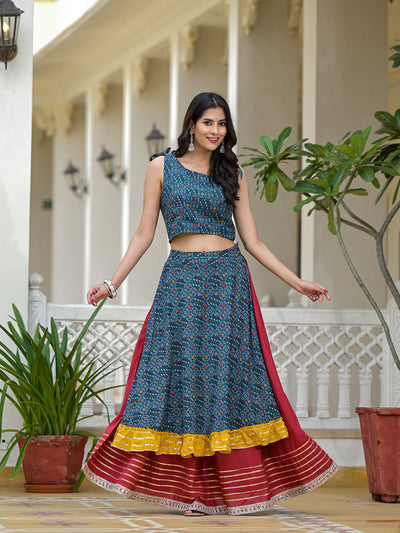 Indigo Lehenga Choli with Multicolor Ruffles