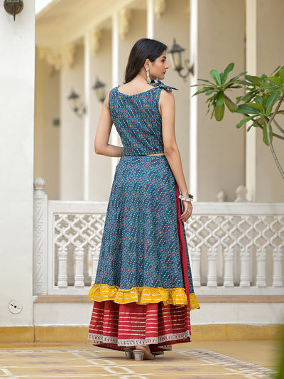 Indigo Lehenga Choli with Multicolor Ruffles