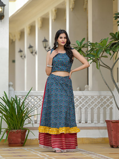 Indigo Lehenga Choli with Multicolor Ruffles