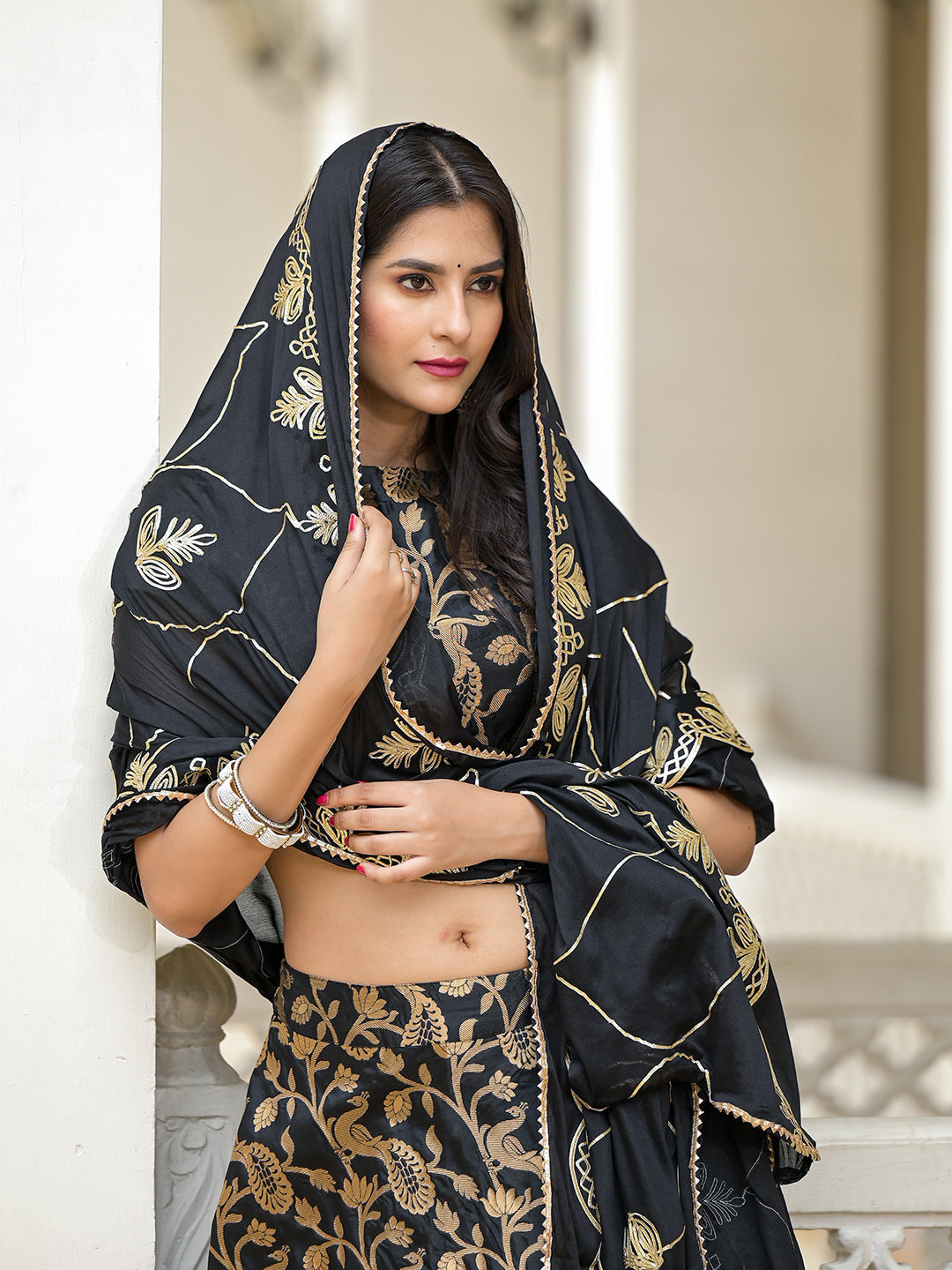 Black Jacquard Lehenga Choli with Gota Dupatta