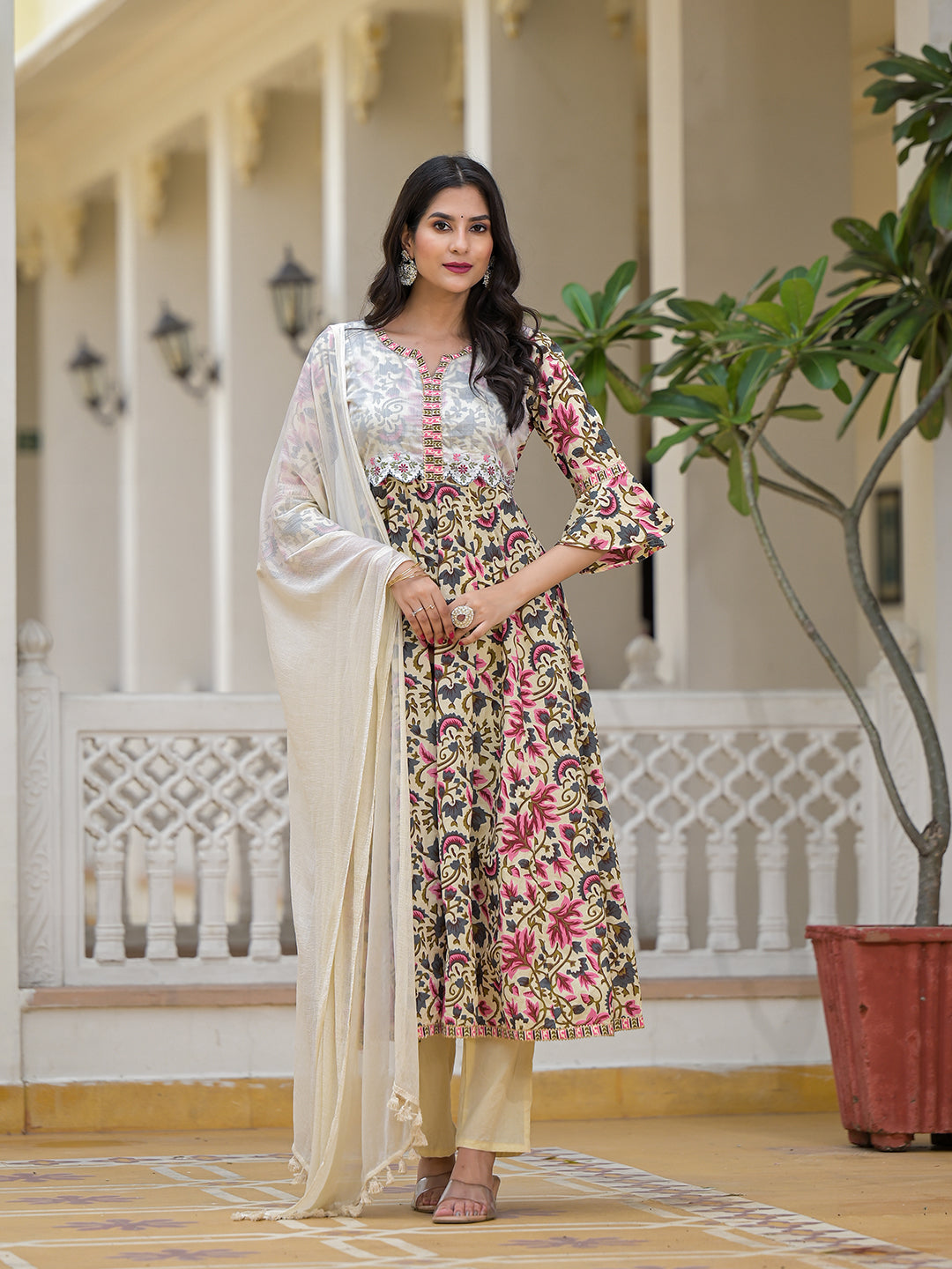 Beige Anarkali Suit Set with Dupatta