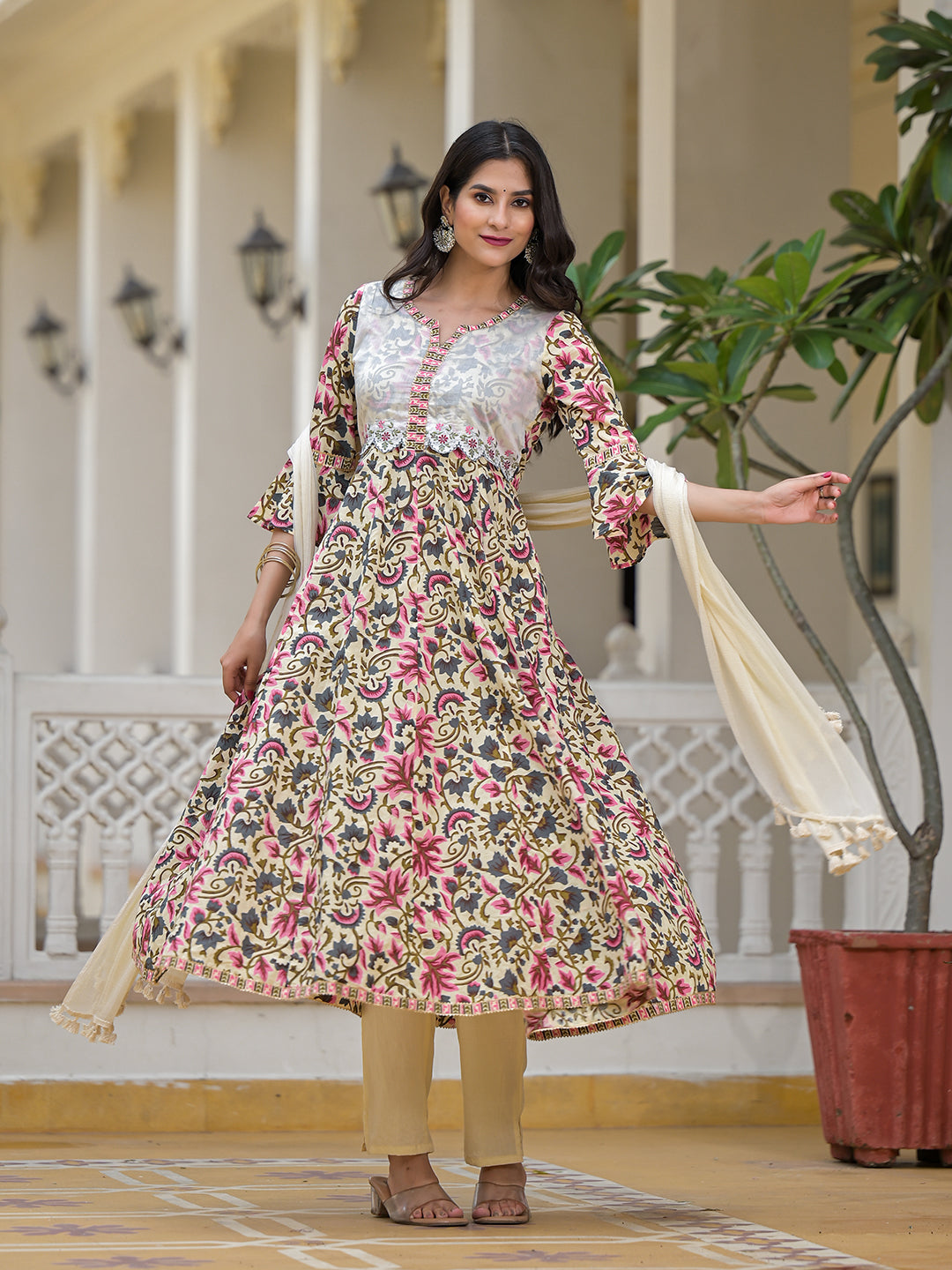 Beige Anarkali Suit Set with Dupatta