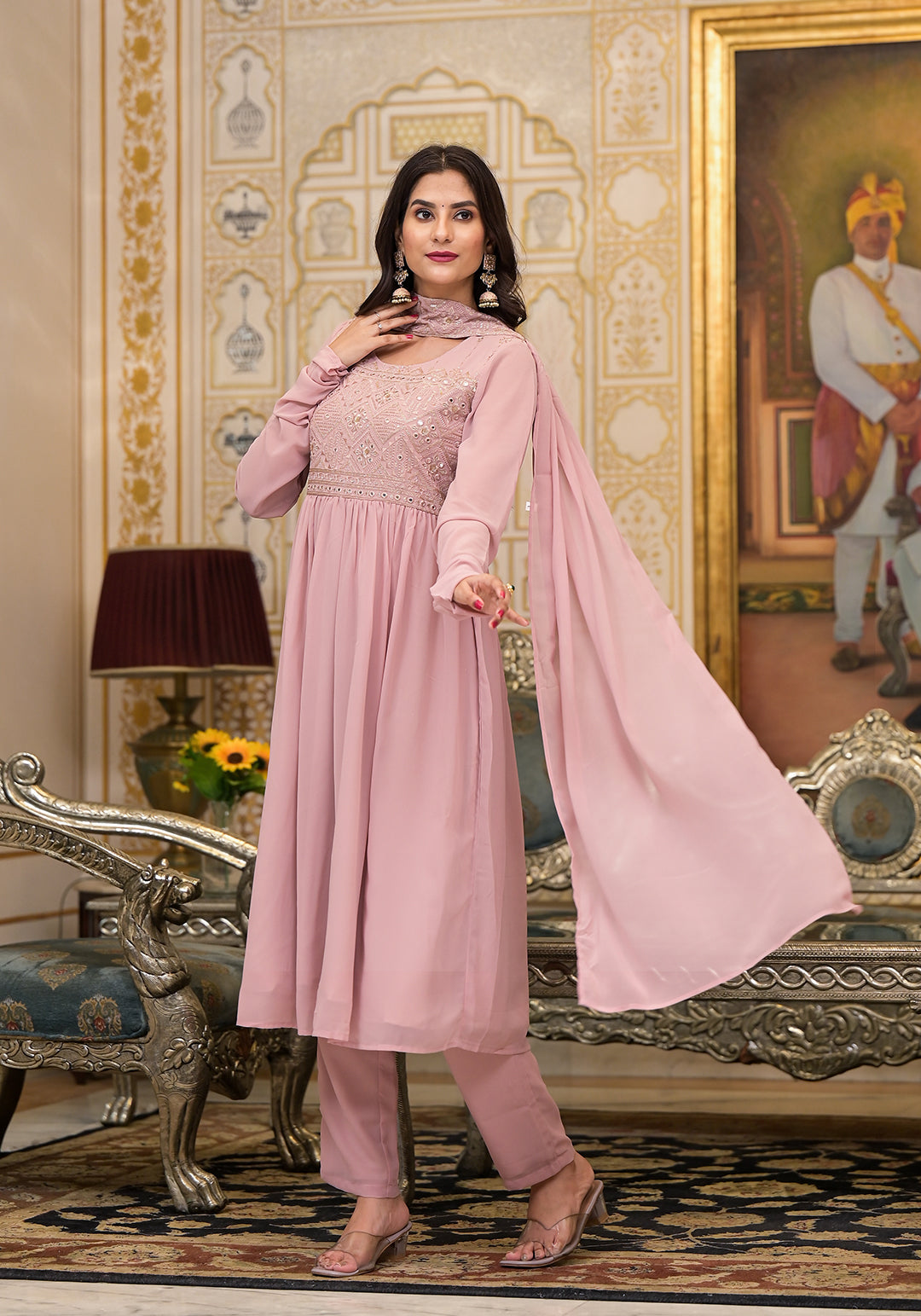 Powder Pink sequinned Nyra Cut Kurta Set