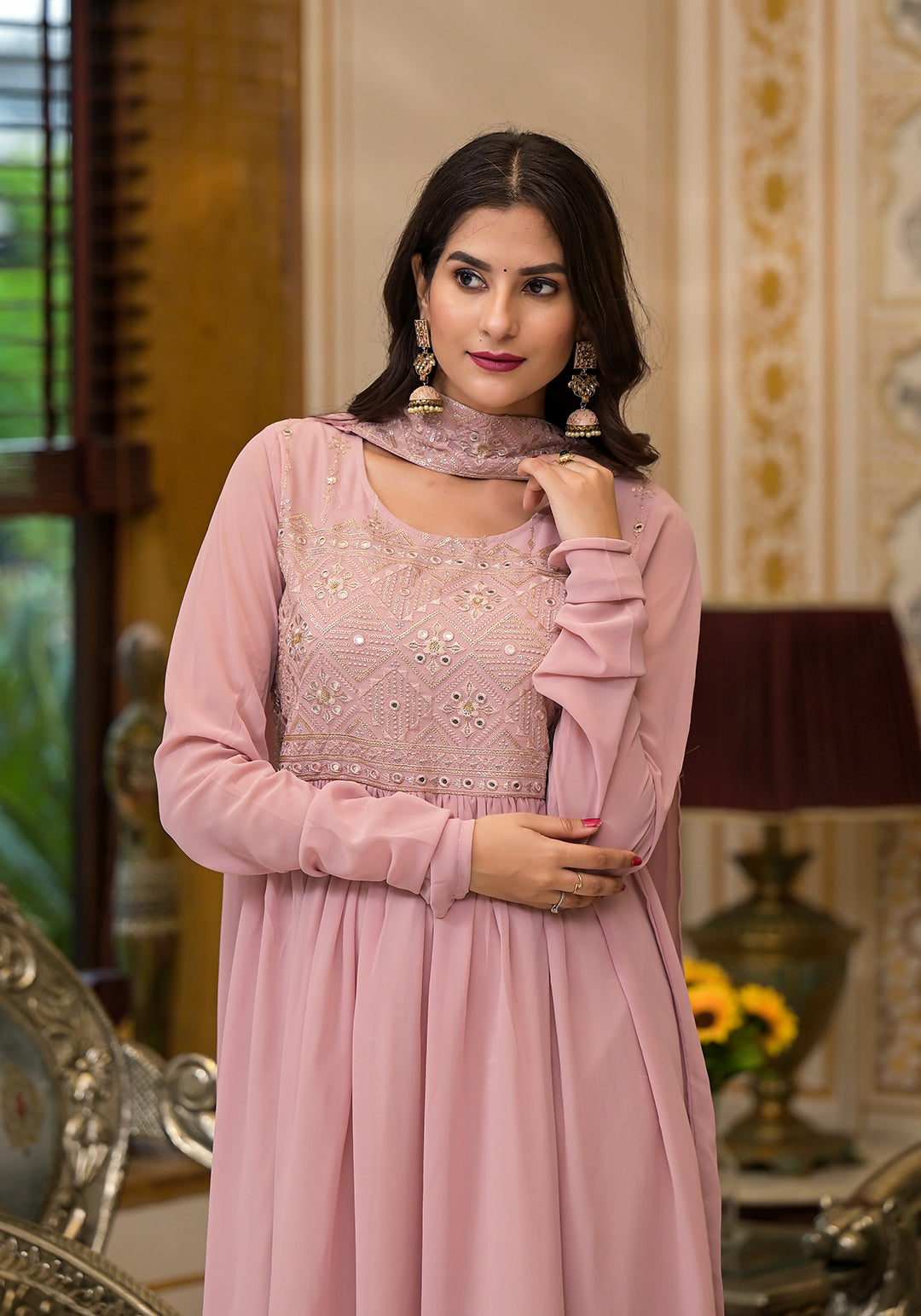 Powder Pink sequinned Nyra Cut Kurta Set