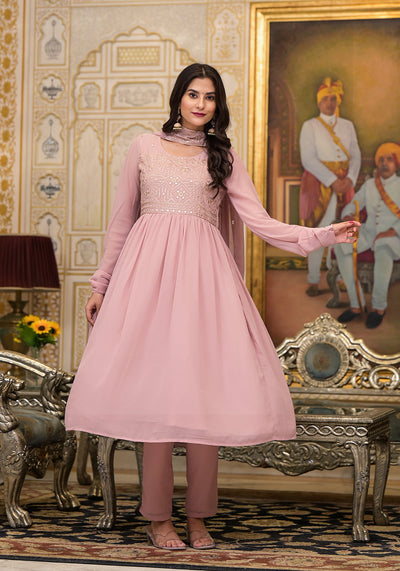 Powder Pink sequinned Nyra Cut Kurta Set