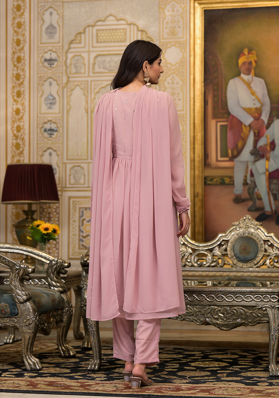 Powder Pink sequinned Nyra Cut Kurta Set