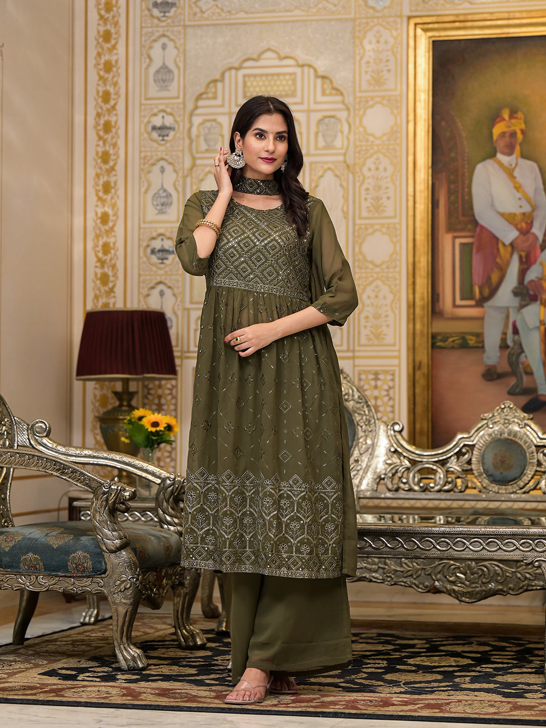 Mehendi green Sequinned Kurta Set with Dupatta