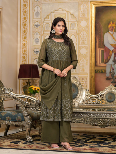 Mehendi green Sequinned Kurta Set with Dupatta