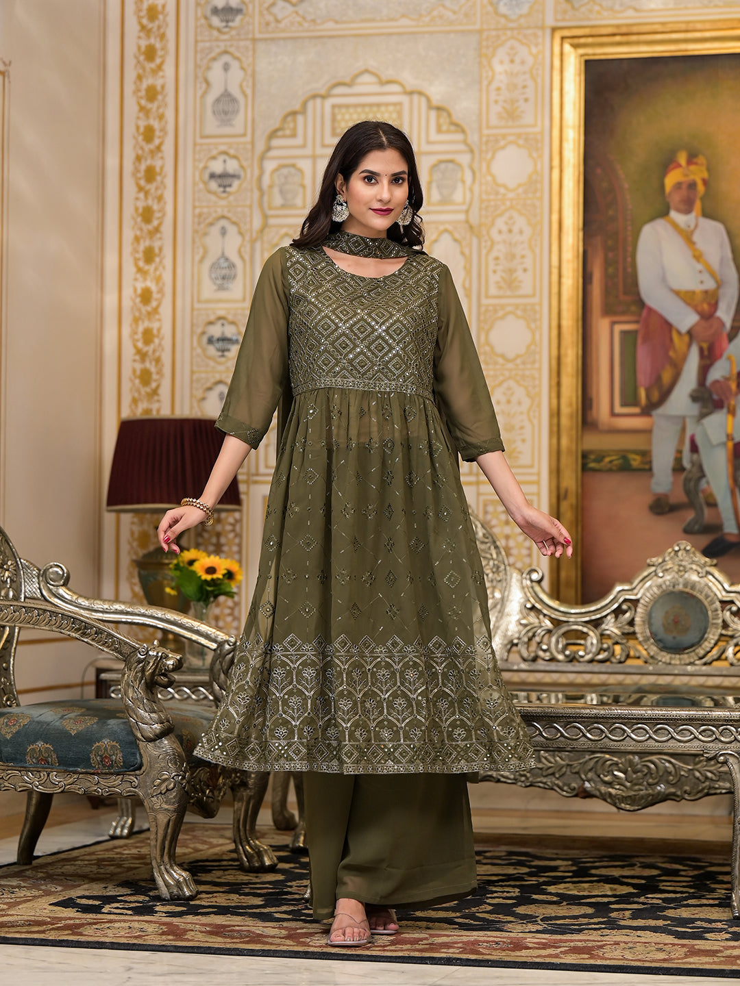 Mehendi green Sequinned Kurta Set with Dupatta