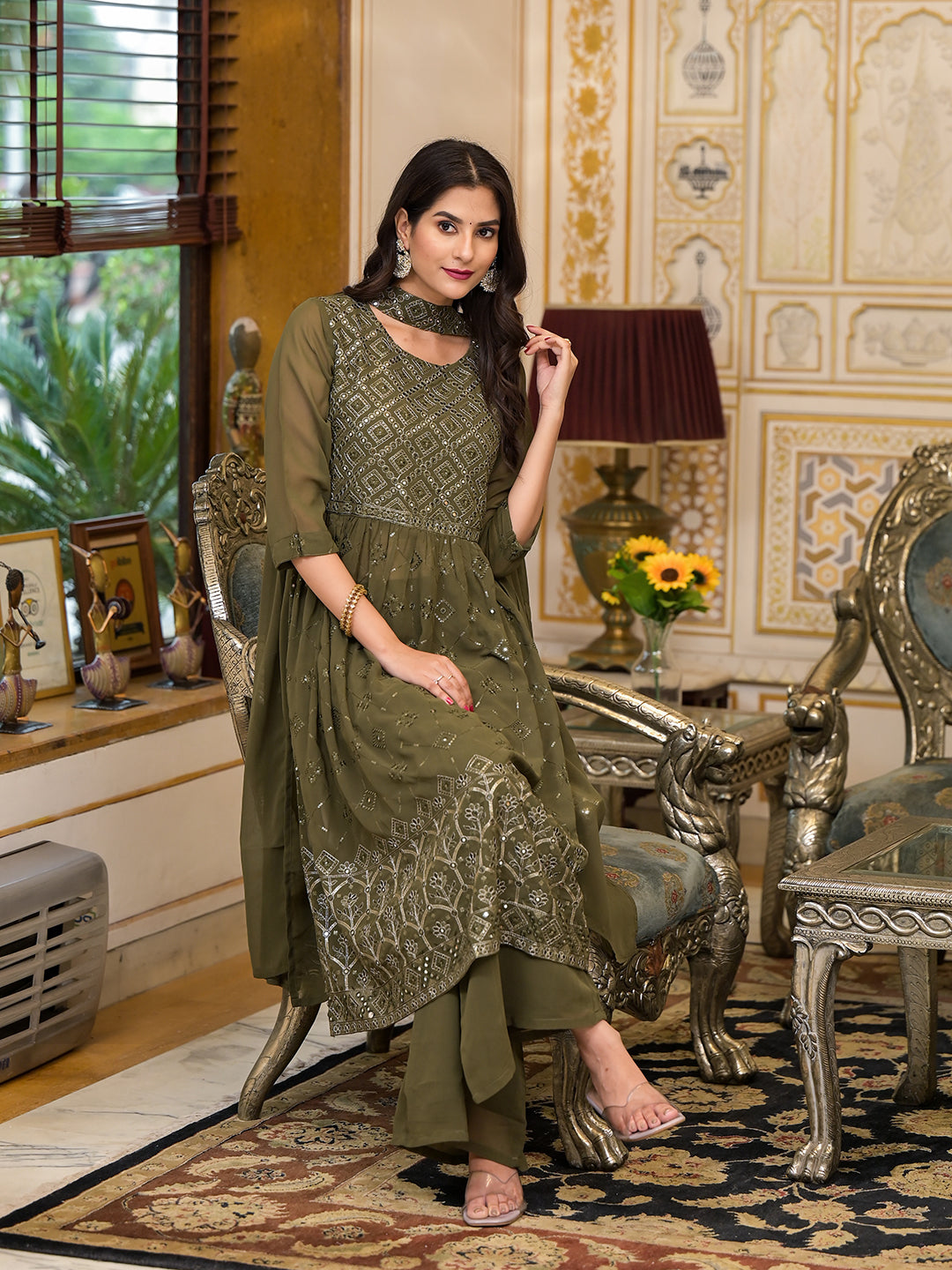 Mehendi green Sequinned Kurta Set with Dupatta