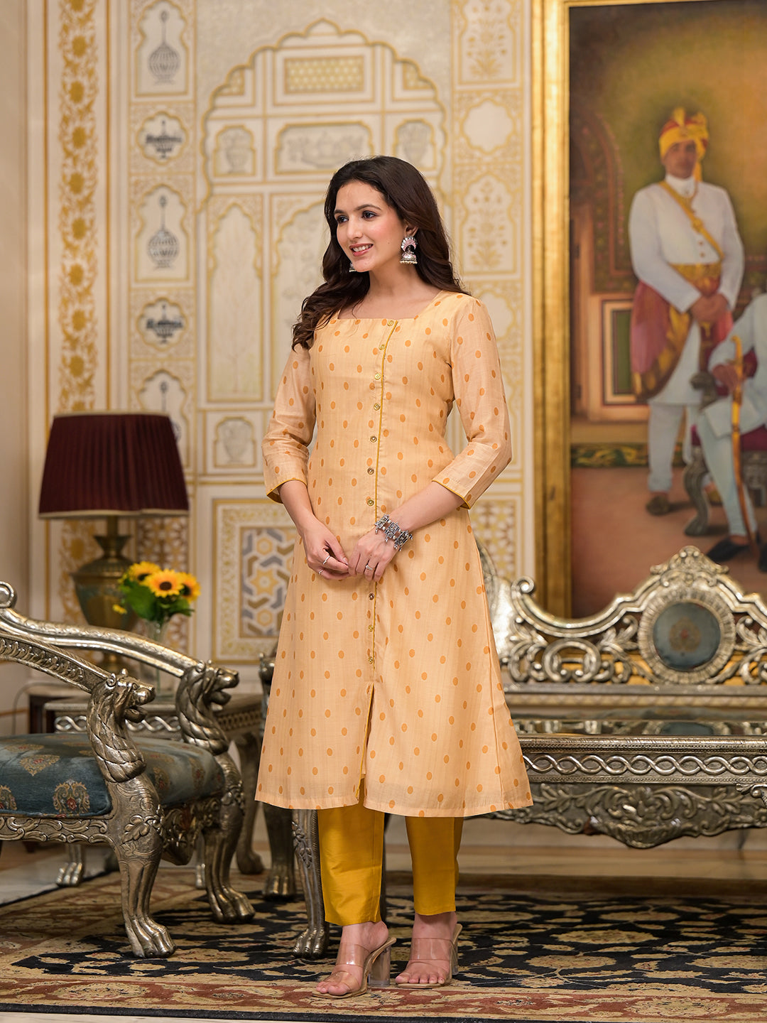 Cream Polka Dot A-Line Kurta Set