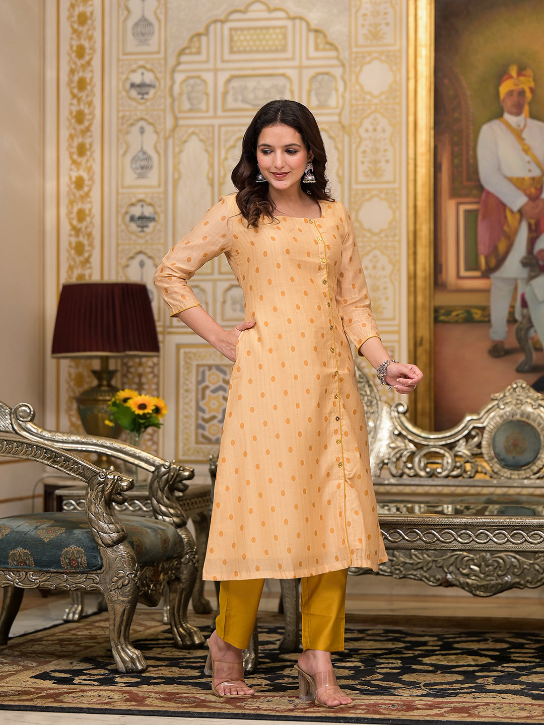 Cream Polka Dot A-Line Kurta Set