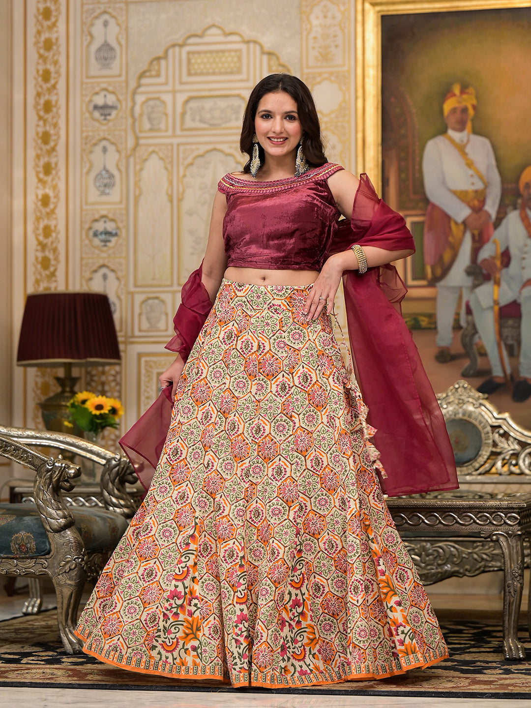 Beige Lehenga Choli with velvet Blouse