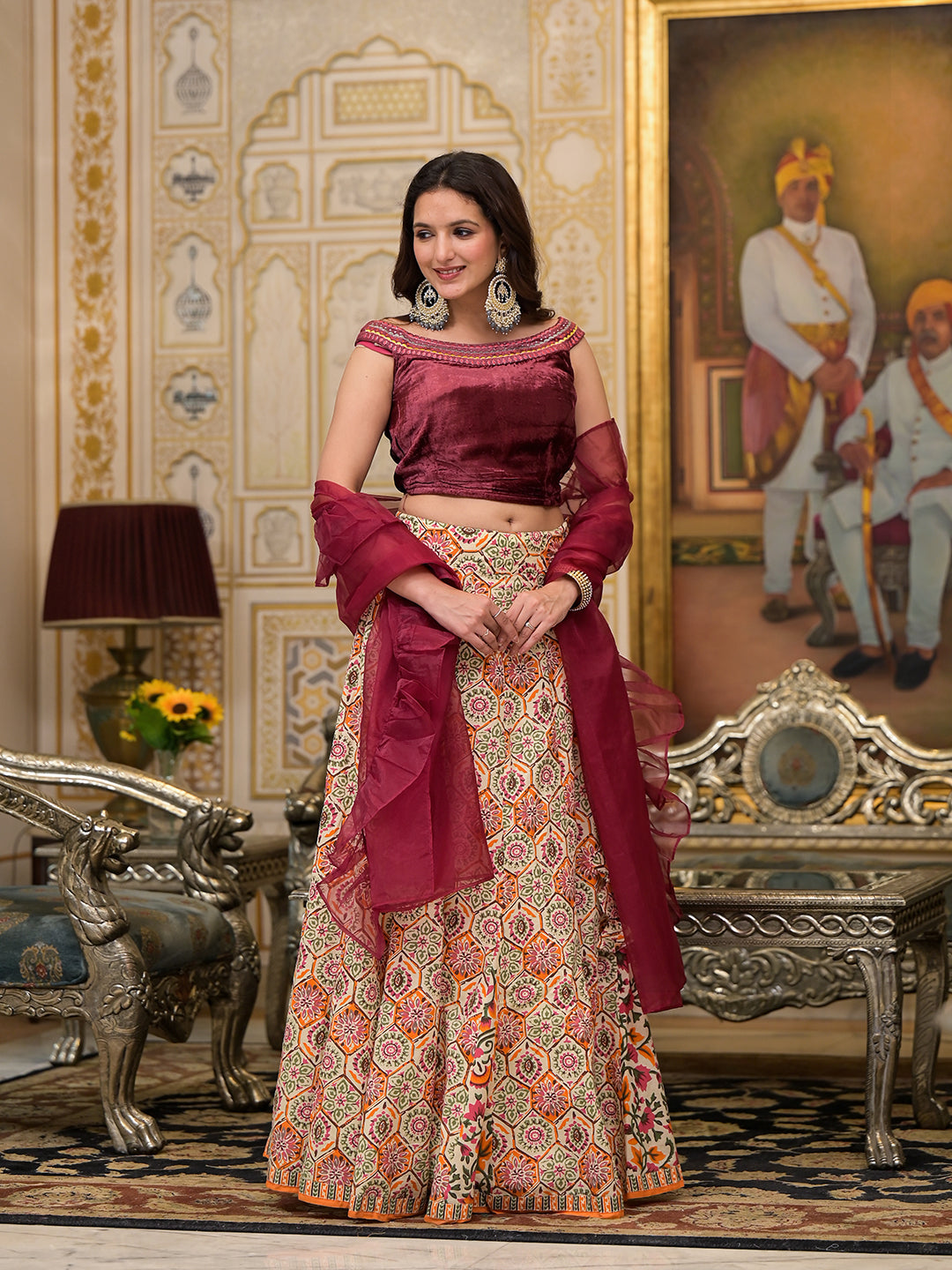 Beige Lehenga Choli with velvet Blouse