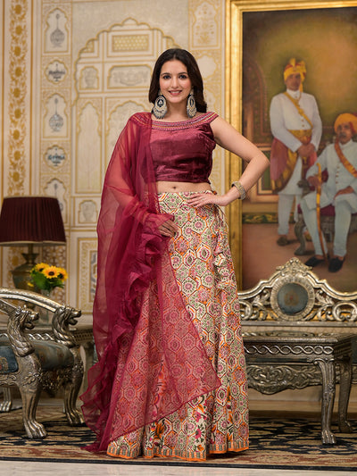 Beige Lehenga Choli with velvet Blouse