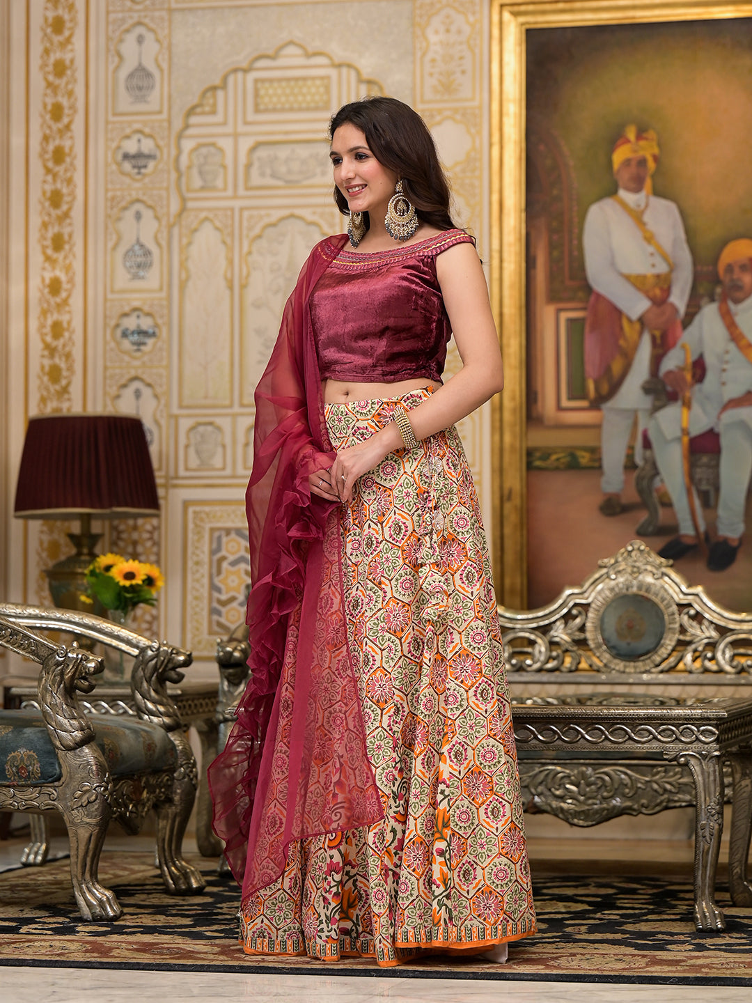 Beige Lehenga Choli with velvet Blouse