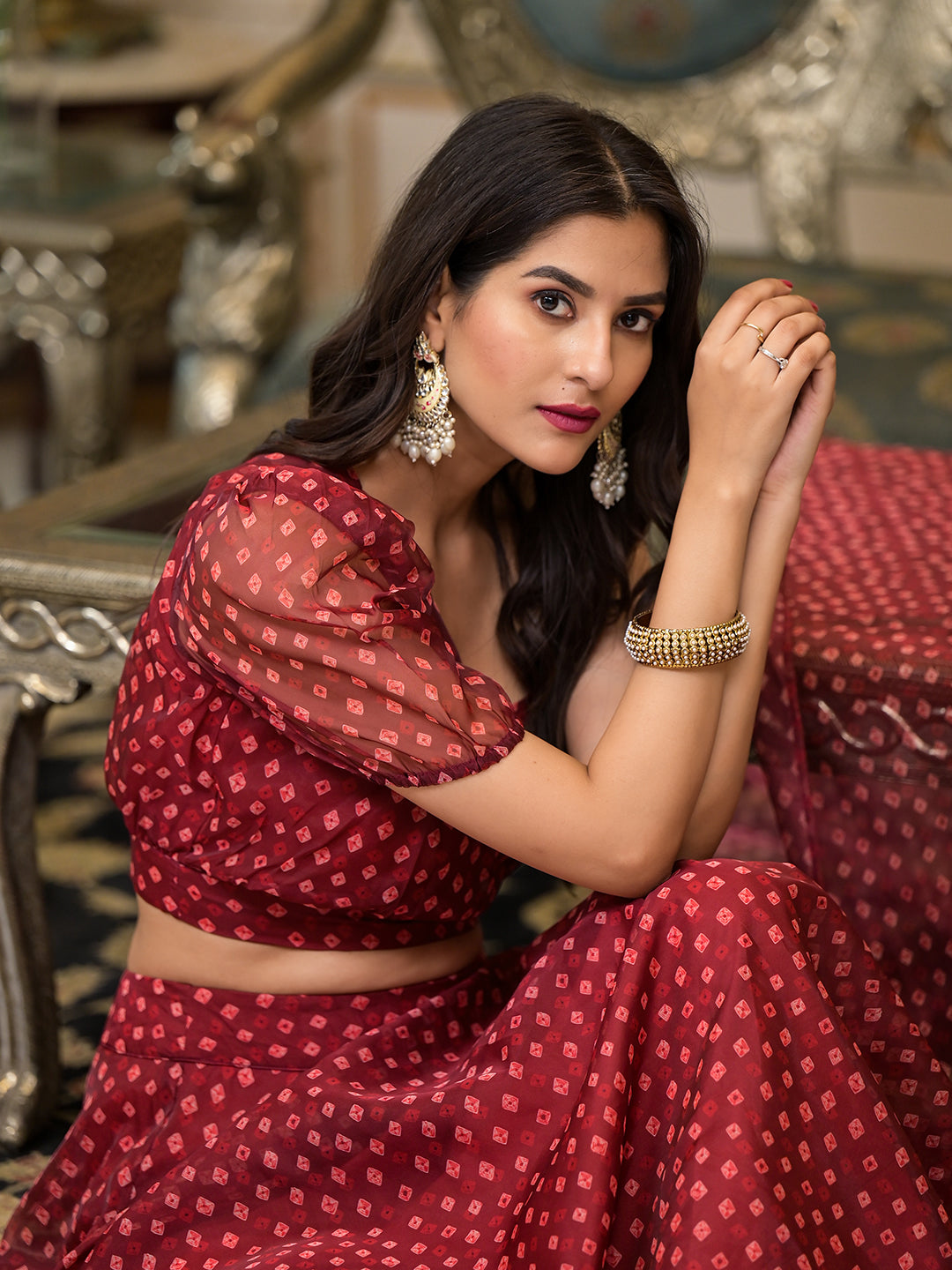 Maroon Bandhani Print Lehenga Choli