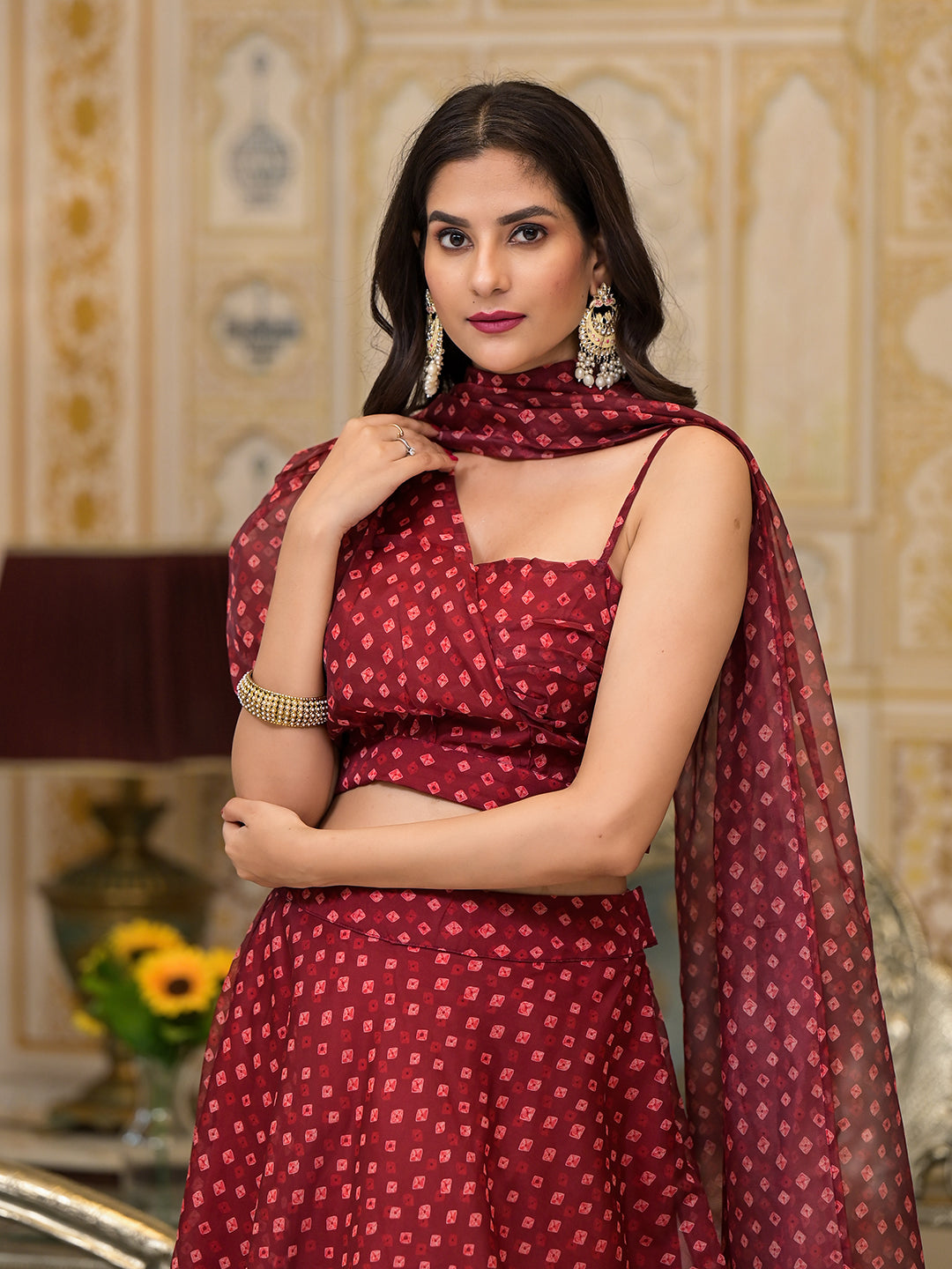 Maroon Bandhani Print Lehenga Choli