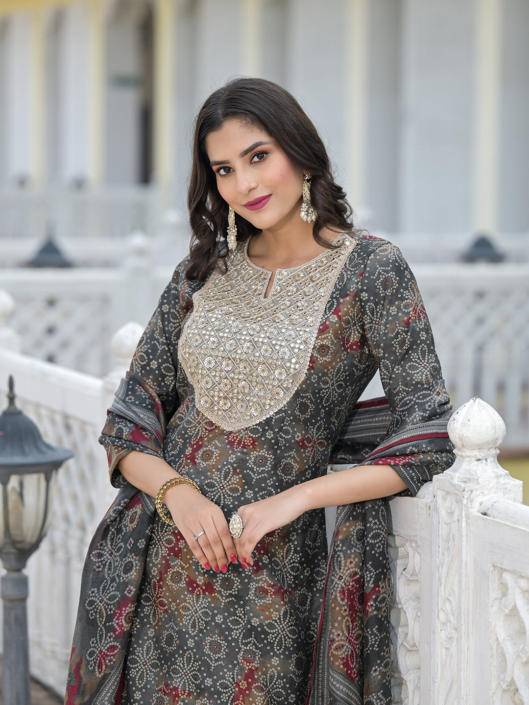 Grey Bandhani Kurta Set with embroidered patch on yoke