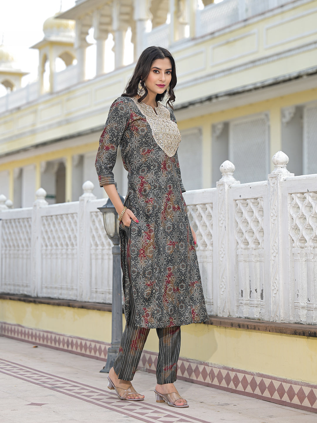 Grey Bandhani Kurta Set with embroidered patch on yoke