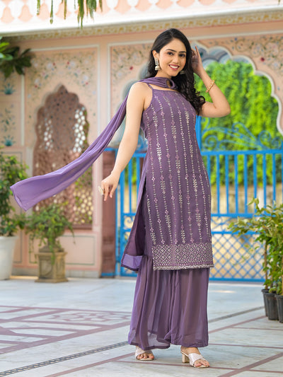 Lavender Sequinned Kurta Sharara Set With Dupatta