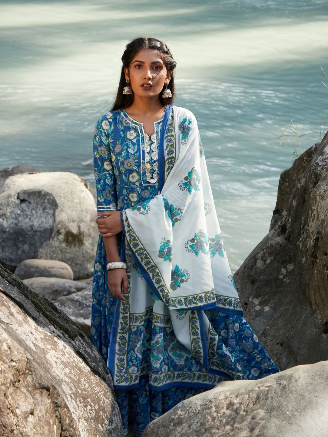 Blue Floral Print Maxi Dress With Dupatta