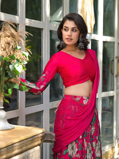 Magenta Floral Print Chinnon Lehenga Choli