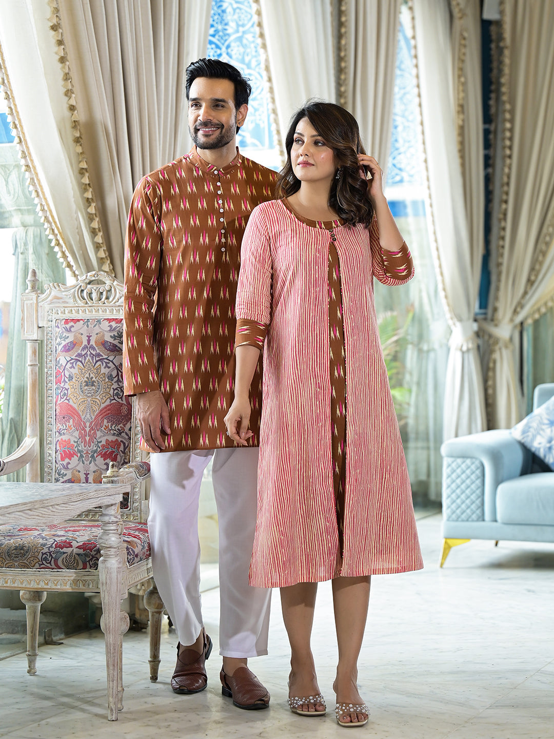 Brown Ikat Printed Couple Combo Set