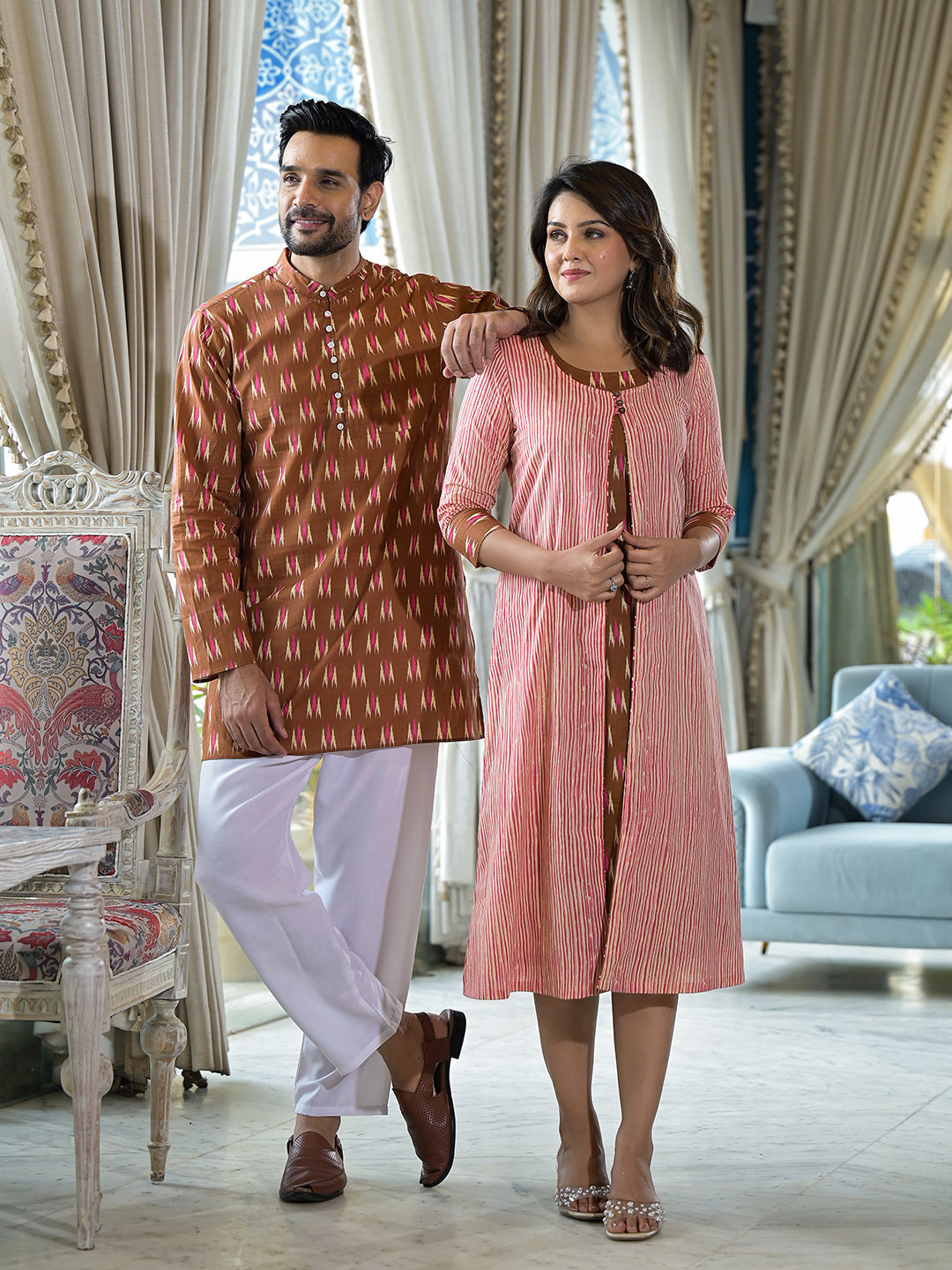 Brown Ikat Printed Couple Combo Set