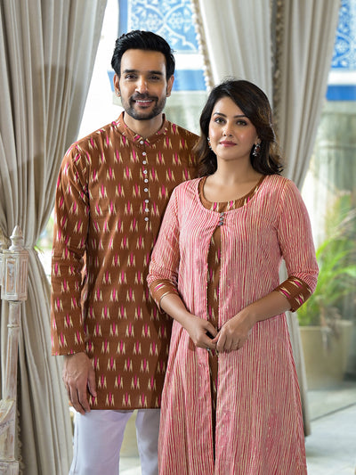 Brown Ikat Printed Couple Combo Set