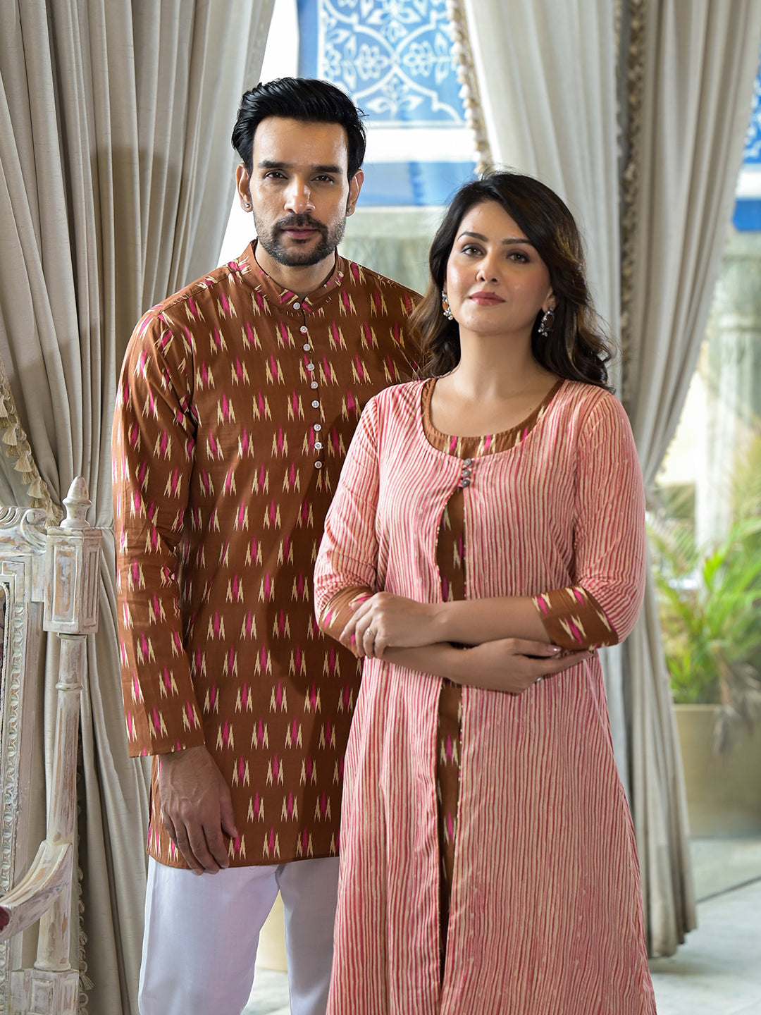 Brown Ikat Printed Couple Combo Set