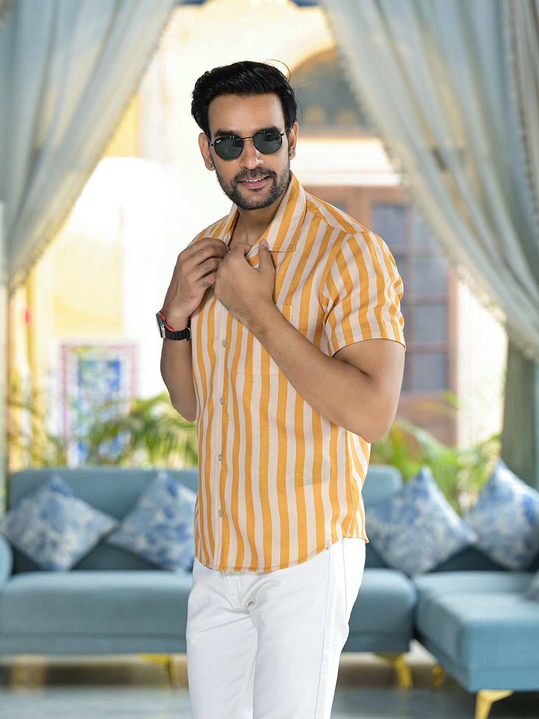 Mustard Striped Resort Wear Shirt