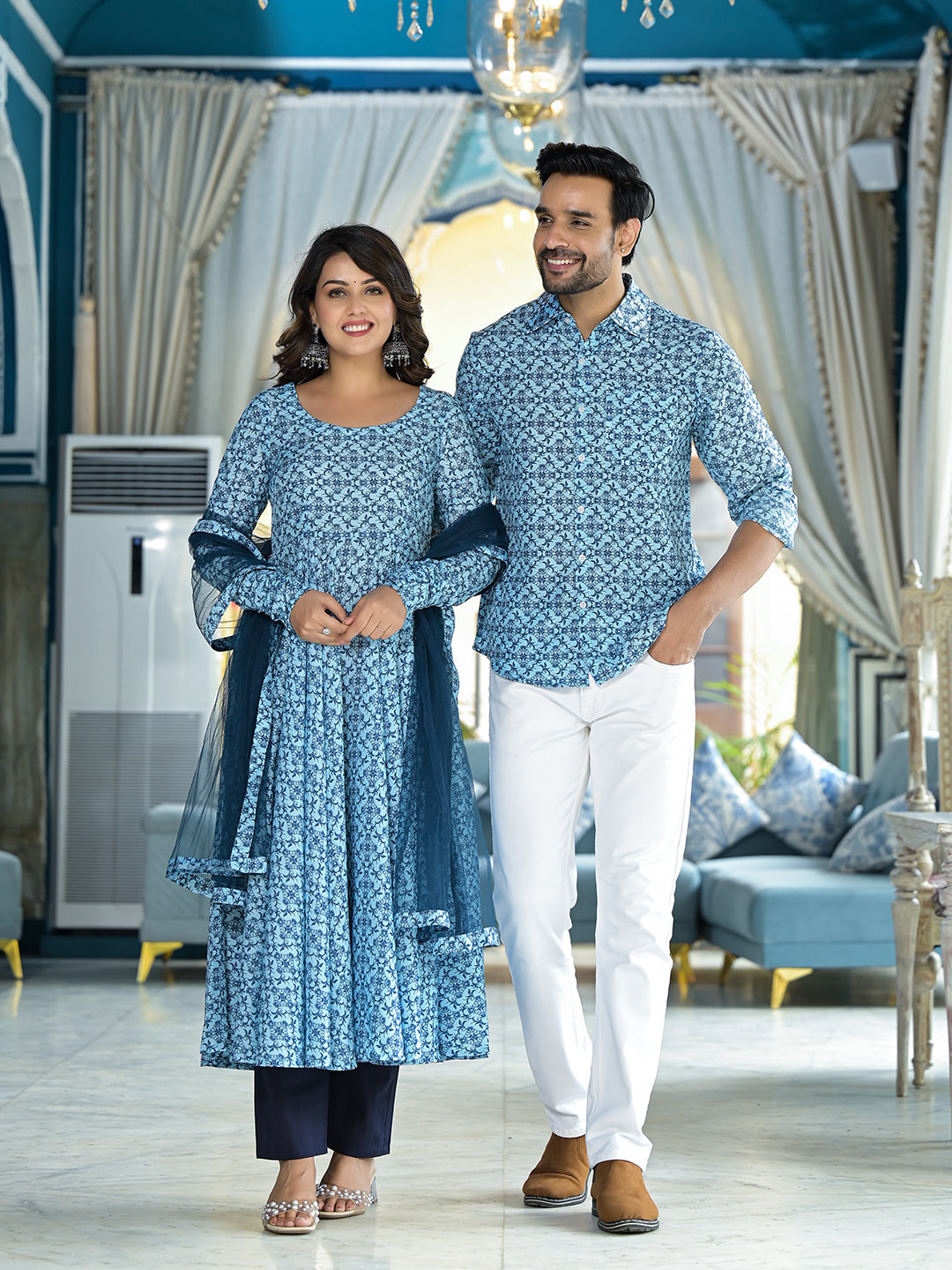 Icy Blue Mughal Print Couple combo Set