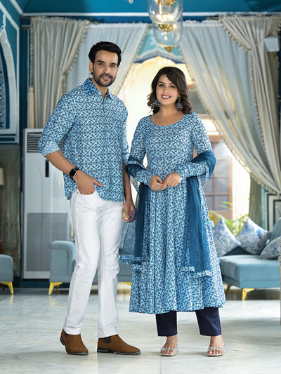 Icy Blue Mughal Print Couple combo Set