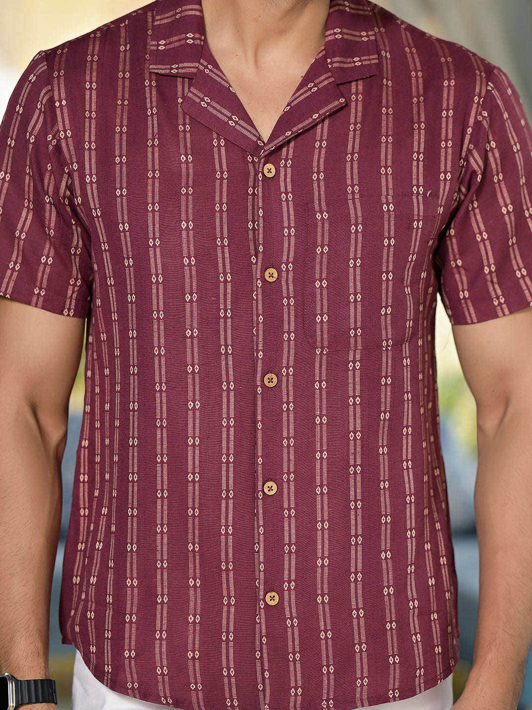 Maroon Woven Mandarin Collar Shirt