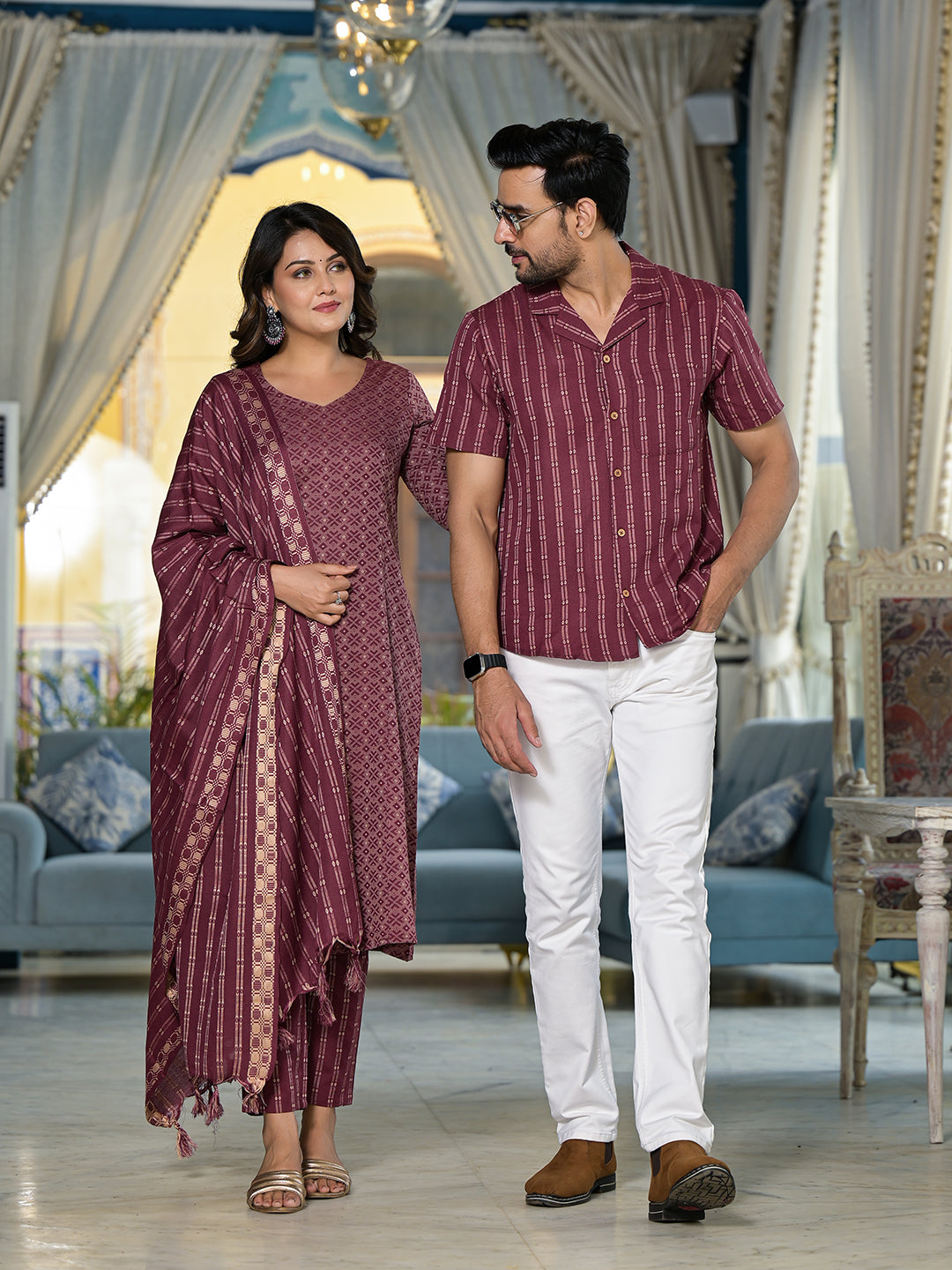 Rust Color Geometric Print Couple Combo Set