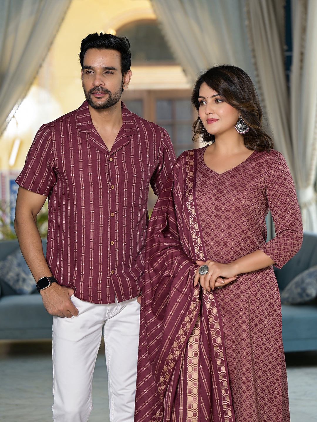 Rust Color Geometric Print Couple Combo Set