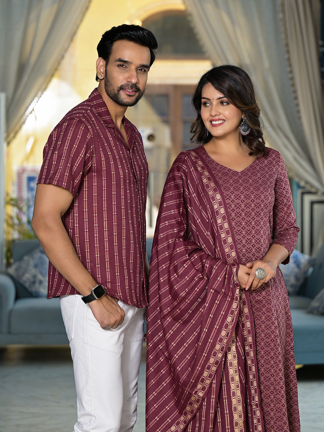 Rust Color Geometric Print Couple Combo Set