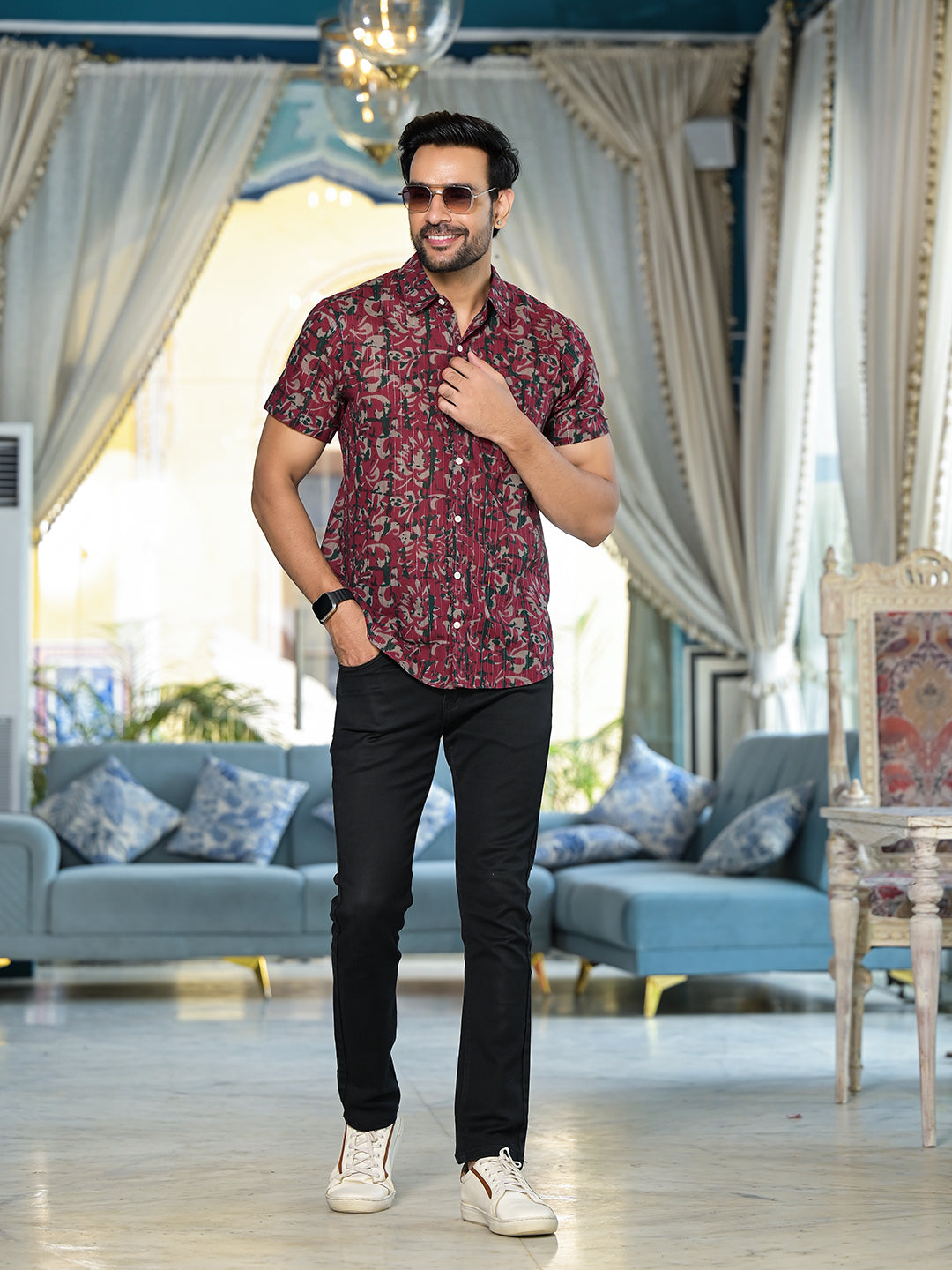 Burgundy Ethnic print Lurex shirt