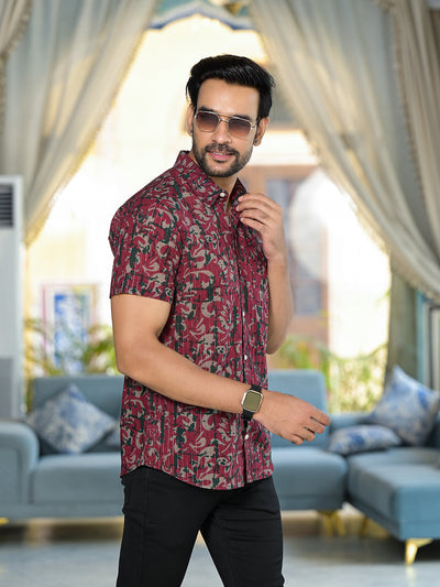 Burgundy Ethnic print Lurex shirt