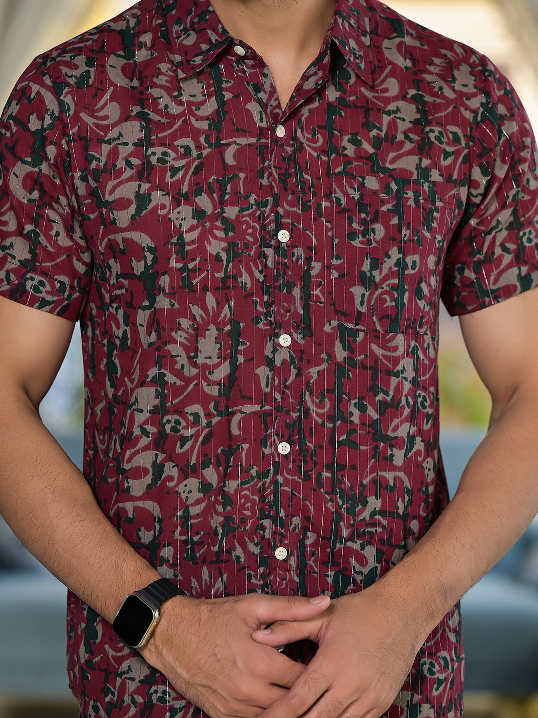 Burgundy Ethnic print Lurex shirt