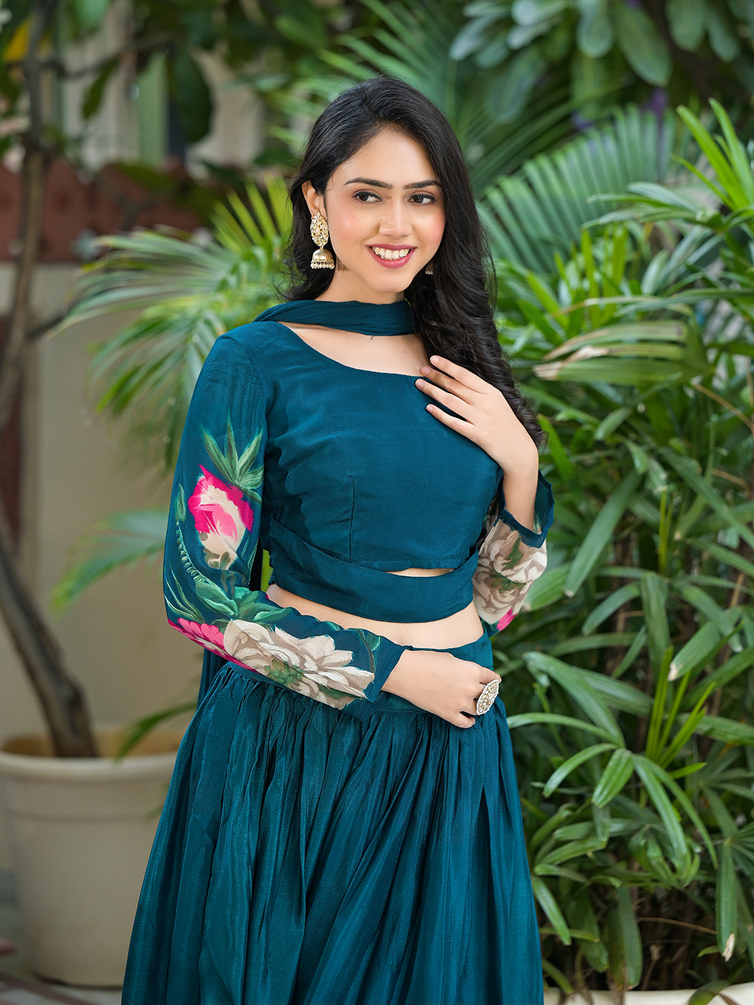 Indigo Blue Floral Print Lehenga Choli With Dupatta