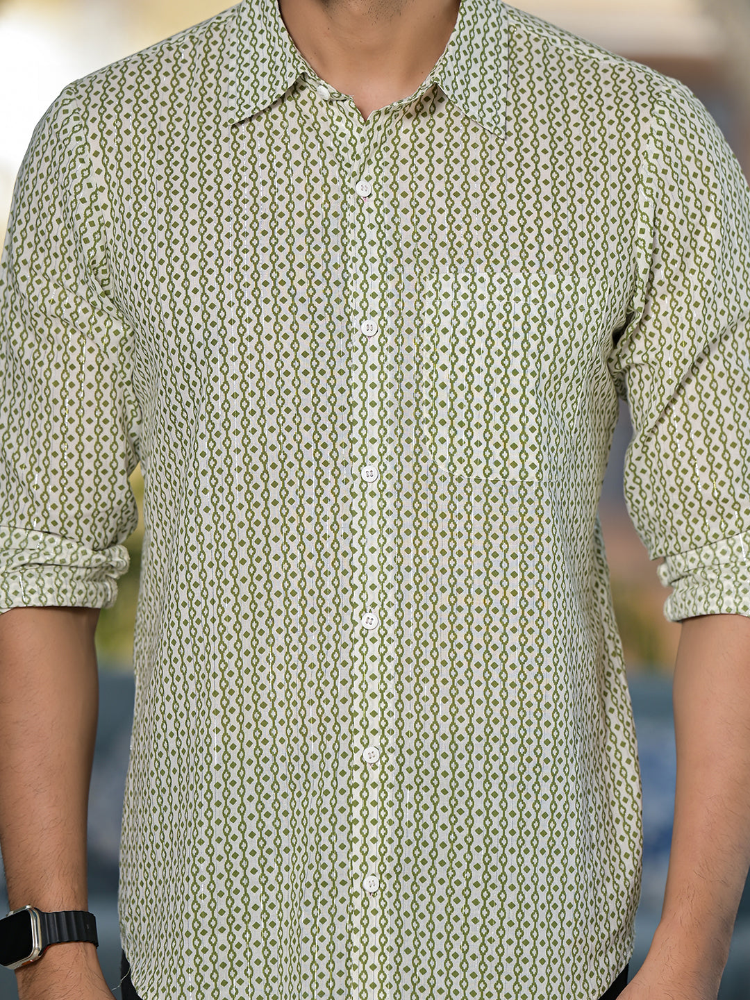 Green & Cream geometric print shirt