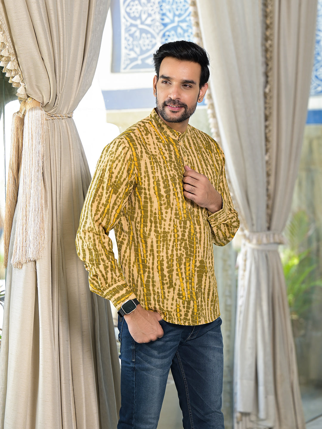 Mustard & Olive Shibori Print Kantha Shirt